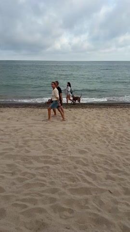 The video shows a sandy beach with people enjoying various activities. A couple walks along the shoreline, followed by a woman with a dog. Further along the beach, a group of people gathers near blankets and toys, while children play in the sand. The sky is overcast, and the sea is calm.