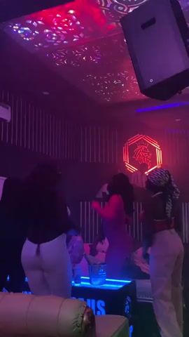 The video shows a group of women dancing in a dimly lit room with neon lights. The room appears to be a club or a lounge, with a bar in the foreground and a stage with a neon lion logo in the background. The women are dressed in casual attire and are moving to the music. The lighting is predominantly pink and purple, with red spotlights. The ceiling has a decorative pattern that reflects the lights.