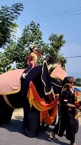 A young girl in traditional clothing rides on the back of a large, costumed elephant. The elephant is covered in a dark fabric, with a light pink blanket draped over its back. Colorful sashes of orange and yellow fabric are attached to the elephant's head and body. The girl is wearing a red jacket with gold embroidery and a gold headdress. She is raising her right hand and looking to the right. Two people are visible walking alongside the elephant, one in a dark uniform with an Indonesian flag patch on their arm. The scene appears to be outdoors on a paved road, with trees and a blue sky in the background.