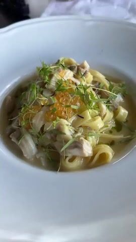 This is a close-up video of a gourmet pasta dish served in a white bowl. The dish features tagliatelle pasta in a light broth, topped with white fish pieces, bright orange roe, and fresh green herbs. The lighting suggests it is daytime, possibly indoors in a restaurant setting. There are no people visible in the frame. The camera slowly zooms in on the dish, highlighting the textures and colors of the ingredients.