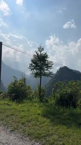 The camera captures a scenic view of a mountainous landscape under a partly cloudy sky. Lush green vegetation covers the foreground and hillsides, while the mountains in the distance are veiled in a hazy blue. Power lines stretch across the frame, intersecting the view. A utility pole and small markers are visible near the edge of a road. The sun shines brightly, creating a contrast of light and shadow across the landscape.