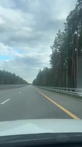 The video shows a view from inside a vehicle traveling on a highway. The highway is paved and has multiple lanes, with a yellow line marking the edge of the lane. On the right side of the highway, there is a metal guardrail, and beyond that, a dense forest of tall pine trees. The trees are a dark green color, and their trunks are thin and straight. The sky above is cloudy, with patches of blue sky visible between the clouds. The overall impression is one of a scenic drive through a wooded area. The time of day appears to be daytime, likely late afternoon or early evening due to the cloudy sky and diffused light. The location is identified as Demikhovo, Russia. There is no visible text in the video. The activity is driving on a highway through a forest.