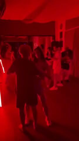 A dimly lit room bathed in red light is filled with people, most of whom are in pairs and seem to be dancing. The room has a mirror along one wall, reflecting the scene. Several vertical LED light strips provide a rhythmic pulse to the lighting. A pole, adorned with two triple-headed fans, rises from the floor towards the ceiling. The people are mostly silhouetted against the strong red light, but some details can be discerned, such as their clothing and general body shapes. There are interactions and movement as people are dancing and talking.
