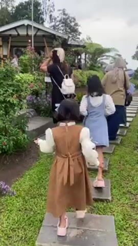 In the video, a group of people, including two young children, are walking up a stone pathway in a lush garden setting. The garden features a variety of colorful flowers and greenery, with a building visible in the background. The adults appear to be leading the way, guiding the children as they navigate the uneven steps of the pathway. They move towards a traditional building with a dark roof, surrounded by green foliage and bright flowers. The atmosphere appears relaxed and leisurely, suggesting a family outing or a casual stroll through the gardens. The weather seems overcast, with a muted sky providing a backdrop to the vibrant foliage.