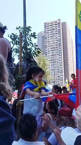 The video shows a crowd of people on a sunny day, many waving flags. The flags are the flag of Venezuela, with a yellow, blue, and red horizontal stripes, and an arc of stars on the blue stripe. There are children present in the crowd, some being held up to see over the crowd. Buildings are visible in the background, including a tall, modern skyscraper. There are also power lines overhead. It appears the people are participating in a demonstration or celebration.
