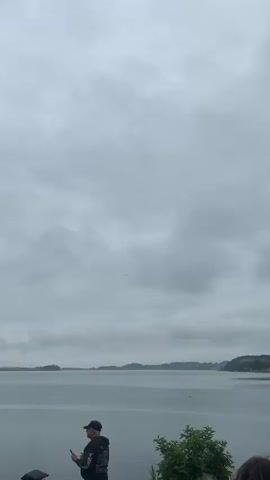 The video begins with a shot of a cloudy sky, an airplane is visible in the distance. The scene then transitions to a man standing on a rocky shore, looking at his phone. He is wearing a black jacket and a black cap. A large body of water is behind him, and a distant shoreline with hills is visible. The weather appears overcast.

The camera then pans to show three enormous sword sculptures planted in the ground on a rocky outcrop overlooking the water. The largest sword on the left has intricate carvings on its blade. A person, dressed in black, stands near the base of the middle sword, and a dog, appearing to be a border collie or similar breed, sits beside them. The person is interacting with the dog, and both are looking towards the camera. The sculptures are dark in color and weathered, suggesting they are made of stone or metal. The sky remains cloudy, and the overall atmosphere is somber and majestic. The location is identified as Stavanger, Norway, a detail that connects the monumental swords to the historical and cultural context of Viking history. The video ends with the person and dog moving slightly closer to the camera.