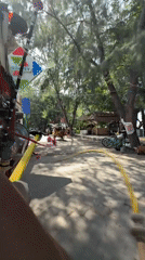 Horse-drawn carriage travels Indonesian road with flag decoration