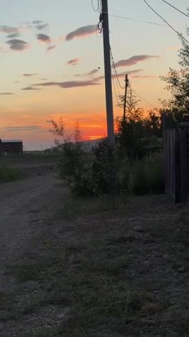 A video captures a rural landscape during sunset. The sky is painted with hues of orange, pink, and yellow, with wispy clouds scattered across it. In the foreground, a dirt road leads into the distance, flanked by overgrown grass and vegetation. A tall utility pole with wires stands prominently in the center of the frame. To the right, a wooden fence can be seen, partially obscured by trees and bushes. The overall atmosphere is tranquil and serene, with the warm glow of the setting sun casting a peaceful ambiance over the scene.