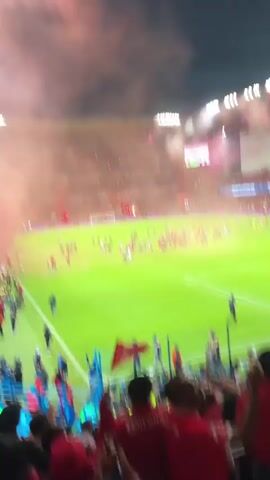 The video captures a vibrant soccer stadium scene, likely during a celebration. The field is covered in players, and smoke, possibly from red-colored flares, billows in the air. Spectators, many wearing red shirts, fill the stands behind a blue barrier, cheering and recording the event with their phones. A few people are holding flags. The stadium is brightly lit, with its roof visible at the top of the frame.