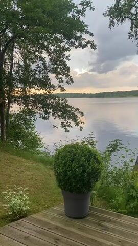 A wooden deck with a potted plant overlooks a calm lake at dusk. The sky is cloudy, with hints of sunset colors reflecting on the water. Trees frame the view on either side, and a wooden staircase with rope railings leads down towards the lake. The overall atmosphere is peaceful and serene.