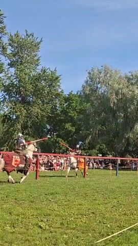 Two knights on horseback, dressed in full armor and caparisons, charge at each other in a jousting tournament. Spectators watch from behind a red rope fence. The event takes place on a grassy field in front of a stone castle. The sky is blue and clear.