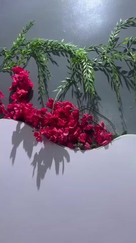 This is a close-up, medium shot video of a floral arrangement with artificial pink flowers and green foliage. The arrangement is draped over a curved, light-colored surface, possibly a piece of furniture or a decorative partition. The background is a gray wall with shadows cast by the greenery and flowers, creating a dappled effect. The lighting appears to be artificial, possibly from above, highlighting the texture and detail of the artificial plants. There are no people or discernible actions taking place. The focus is on the visual aesthetic of the floral display against the muted background.