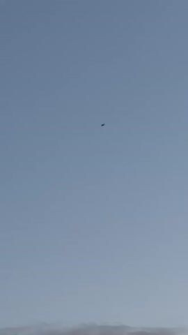 The video shows a pale blue sky with some wispy clouds at the bottom.  Two small, dark silhouettes of birds are visible flying in the sky. They appear to be moving away from the viewer.