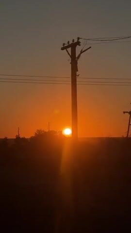 The video captures a sunset behind trees and utility poles. The sun is a bright orange orb, partially obscured by the foliage. The sky transitions from a pale orange near the horizon to a muted gray at the top. Silhouetted against the sky are several tall, dark shapes that appear to be utility poles and a cell tower on the left side of the frame. The trees are dark and bare in some areas, with denser foliage in others. The overall impression is of a rural or semi-rural landscape at dusk.