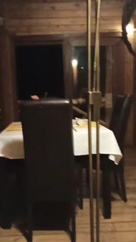 The video shows a dimly lit, rustic-style restaurant or patio, possibly at night. The floor and ceiling are made of wood planks.  Initially, a table set with a white tablecloth and black chairs is visible, near an open window looking out to a dark background. The camera then pans around the room, revealing more tables, large black planters, a brick bar area, and wooden decorative figures (elephants and a pig).  A person in a white shirt can be seen briefly behind the bar.  The lighting is soft, with a mix of ceiling lights and potentially some light coming from outside.  There are no other discernible people or actions within the short duration of the video.