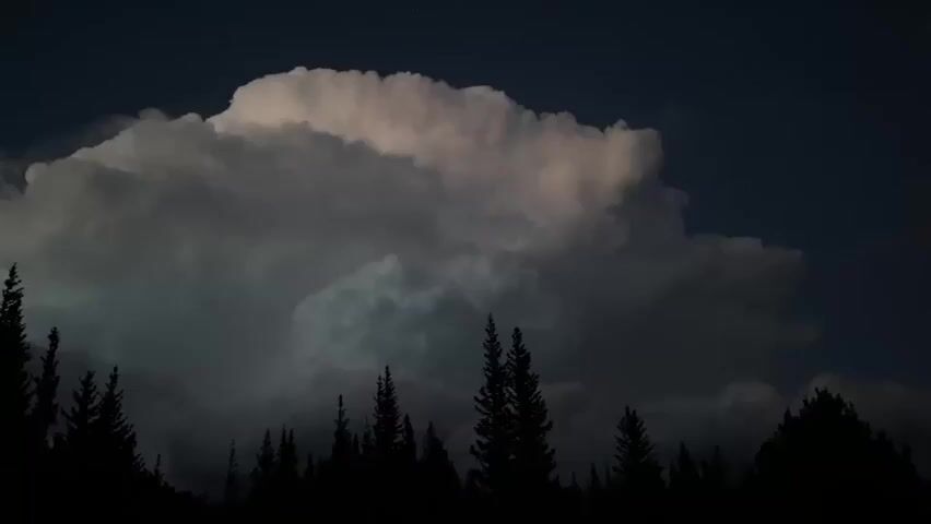 This is a video clip showcasing a dramatic nighttime sky over a silhouetted forest. The primary subject is a massive, cumulonimbus cloud formation that dominates the frame. The cloud is illuminated from within by flashes of lightning, casting an eerie glow on its billowing mass. The lightning creates streaks of light and subtle color shifts, transitioning from cool blues and grays to warmer pinks and whites as it flashes.

The setting is a dark, forested area, with the sharp, pointed silhouettes of pine trees forming a jagged line across the bottom of the screen. The sky behind the cloud is a deep, inky blue, characteristic of nighttime. There is a single, faint star visible in the upper portion of the sky, hinting at a clear expanse beyond the stormy clouds.

The activity captured is a lightning storm. The flashes of lightning are intermittent and powerful, indicating significant electrical activity within the cloud. The sheer size and dynamic nature of the cloud suggest an intense weather event.

Notable details include the time of day, clearly indicated as night by the darkness and the presence of lightning. The weather is stormy, characterized by the large thunderstorm cloud and visible lightning. While no specific location cues beyond "Eldora, United States" are visible, the presence of pine trees suggests a mountainous or forested region. The overall emotion evoked is one of awe and perhaps a touch of unease, due to the raw power of nature on display. There is no visible text in the video clip.