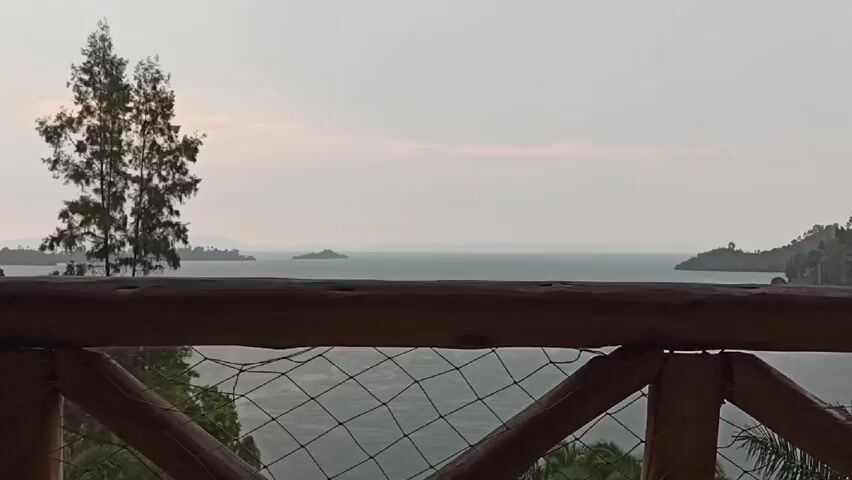The scene is a still shot from behind a rustic wooden fence with a wire mesh, offering a view of a large body of water, possibly a lake or a bay. The water stretches out to the horizon under an overcast sky. Several small, forested islands dot the water, one prominently visible in the center and another on the right. A tall, slender evergreen tree stands to the left, partially obscuring the view. The overall environment suggests a tranquil, possibly remote location.