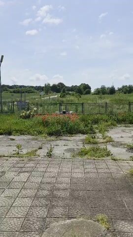 The video shows a drone flying over a dilapidated, overgrown area. The foreground consists of a cracked and stained concrete tiled surface with weeds sprouting through the gaps. Beyond that, a rusty black metal fence encloses a plot of land overrun with grass and red poppy-like flowers. In the background, trees and green fields stretch out under a blue sky with scattered white clouds. A lone street lamp stands at the edge of the tiled area. A dark-colored drone appears briefly, flying directly towards the camera and then over it, before the video ends.