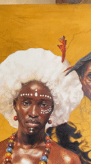 Artist paints traditional portrait in Ado studio using phone reference