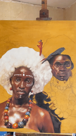 Artist paints traditional portrait in Ado studio using phone reference