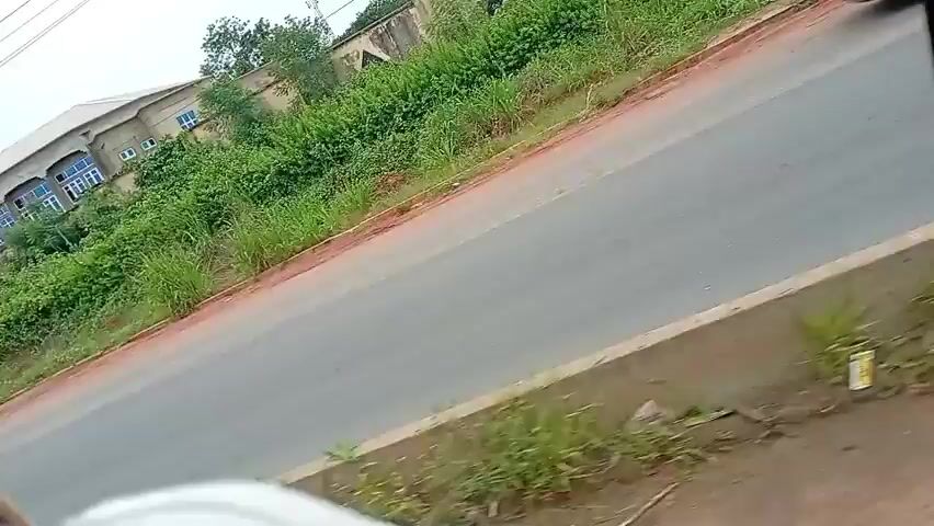 The video shows a view from inside a moving vehicle, looking out at a road with greenery on either side. The road is paved and appears to be in a somewhat rural or suburban area, with buildings and fences visible in the background. The vegetation is dense, and the overall environment seems humid. A green car passes in the opposite direction. There is a concrete curb next to the road.