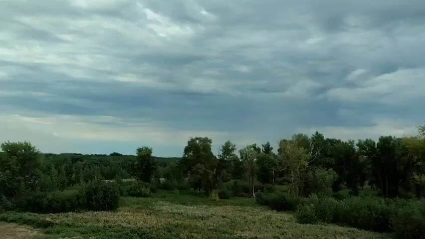 The video shows an aerial view of a landscape under a cloudy sky. The scene includes a body of water on the left, bordered by a dirt road and trees. The middle ground and background are filled with lush green trees and vegetation. The clouds are dark and heavy, suggesting an overcast or potentially stormy day. The camera appears to be moving slightly, giving a sense of gentle motion or a slow pan across the scenery.