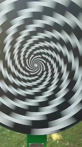 The video displays a spinning optical illusion with black and white concentric circles. The pattern creates a sense of movement and depth, drawing the viewer's eye towards the center. The spinning disk is mounted on a green pole, and the background appears to be an outdoor setting with grass and some greenery visible. The lighting suggests it is daytime.