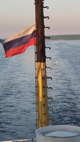 Here's a concise description of the video:

The video shows a Russian flag waving on a pole on a boat, likely on a river or large body of water. Seagulls fly around the boat. The water is choppy and reflects the light. Trees line the distant shore.