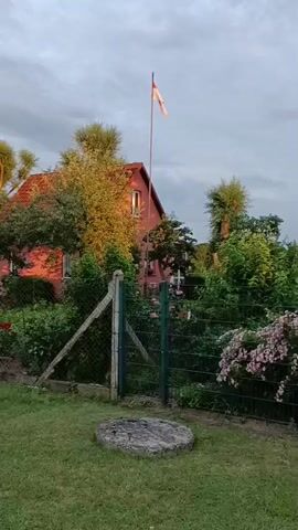 This video captures a peaceful, suburban scene in Gartz (Oder), Germany, likely during late afternoon or early evening due to the soft, golden light illuminating the foliage and the reddish hues of the house. The weather appears calm and clear, with a soft, overcast sky.

The primary subjects are a residential property with a red-tiled roof and a vibrant, overgrown garden. A tall flagpole stands in front of the house, topped with a horizontally striped flag in red and white. The garden is a riot of color, with abundant pink and red roses climbing over a dark green metal fence that encloses the property. Several trees, some with yellowing leaves, are interspersed throughout the yard, suggesting it might be late summer or early autumn. A neatly mowed lawn occupies the foreground, and a circular concrete slab, possibly a well cover or manhole, is visible in the grass.

The video pans slowly from left to right, offering a panoramic view of the property. The left side of the frame shows the side of the house, while the center and right reveal the lush garden, a gate in the fence, and a glimpse of what lies beyond. There are no people visible in the video.

A notable detail is a circular sign on a pole within the garden, featuring a red border and a diagonal line through the center, with a silhouette of a person or animal inside, indicating a restriction, likely "no entry" or "no pets." Another small white sign is attached to the fence, but the text is illegible from this distance. The overall impression is one of a tranquil, well-maintained, and slightly wild garden space, bathed in the warm glow of the setting sun.