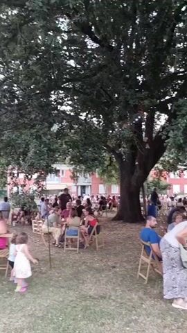 The video captures an outdoor gathering, likely a festival or community event, set in Sant Joan Les Fonts, Spain. The scene is dominated by a large, mature tree providing shade over a grassy area where numerous people are seated at tables and chairs. The time of day appears to be late afternoon or early evening, with soft, natural light filtering through the leaves. The weather seems pleasant, conducive to an outdoor event.

The subjects are primarily people of various ages, enjoying themselves. Some are in small groups, chatting and dining, while others appear to be watching a performance on a stage in the background. Children are present, adding to the family-friendly atmosphere. The overall mood conveyed is relaxed and convivial, suggesting a joyful occasion.

Objects visible include wooden tables and chairs, suggesting a casual dining setup. String lights are visible, strung between poles and draped across the tree, indicating the event may extend into the evening. A stage area is set up in the distance with what appears to be a band performing. There are also buildings in the background, providing context to the location within the town.

Notable details include the lush greenery and the significant size of the tree, which is a central feature of the scene. The presence of a stage and performers strongly suggests a planned event with entertainment. While no explicit text is clearly legible on any signs or banners, there is some writing on the chairs in the foreground, though it is too blurry to decipher. The general setting is a park or open field within a populated area.