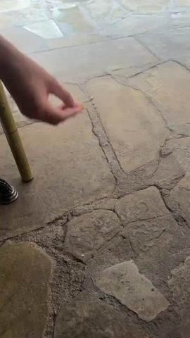 A person's hand holds a small piece of food on a stone patio. A pigeon approaches the food, pecks it from the hand, and then flies away.