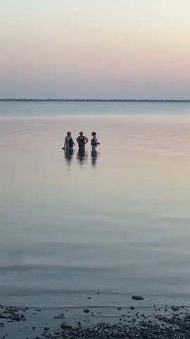 A vertical, low-angle, medium shot captures three figures wading in calm, shallow water during twilight. The figures, two appearing as women and one potentially a girl, are positioned in a tight cluster, facing generally towards the viewer's left. The water is clear and still, reflecting the pale pink and lavender hues of the sky. The figures are submerged from the knees down. The sky transitions from a pale pink near the horizon to a soft lavender higher up, with no visible clouds. The horizon line is sharp and defined, separating the water from the sky. In the foreground, a dark, pebbly shoreline is visible, with scattered small rocks. The overall atmosphere is serene and tranquil.
