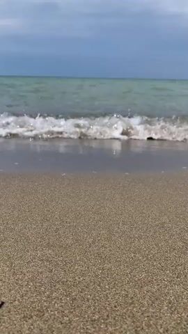 A low-angle shot of gentle waves washing over a sandy beach. The water is a murky green, and the sky is cloudy. The sound of the waves is audible.