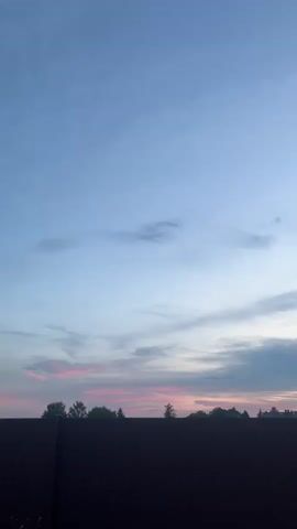 The video is a vertical, full-screen shot of a dusky sky with some trees silhouetted against it. The sky is a gradient of light blue at the top, fading to a soft pink and orange hue near the horizon. A few wispy clouds are visible. In the foreground, a dark fence runs horizontally across the bottom of the frame. To the left, a tall tree with dense foliage partially obscures the fence. As the video progresses, the moon becomes visible in the sky, a small crescent shape to the left of the tallest trees. The overall impression is peaceful and serene, capturing the transition from day to night. There are no people or explicit actions taking place.