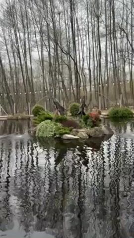 The video shows a pond with a small, rocky island in the center. The island is covered in various plants and two artificial birds. The pond reflects the overcast sky and surrounding bare trees. A few ducks swim in the pond and a small fountain spouts water. Strings of lights can be seen hung between the trees in the background. The weather appears to be overcast and possibly cold.