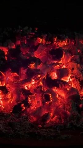 The video displays a close-up, still shot of hot, glowing embers. The embers are predominantly red and orange, with some darker charcoal pieces interspersed. The background is completely black, suggesting a low-light environment. There are no people, animals, or discernible actions within the frame. The focus is solely on the texture and luminescence of the burning material.