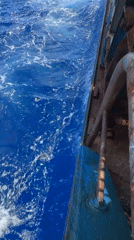Ship travels through ocean waters under sunny skies