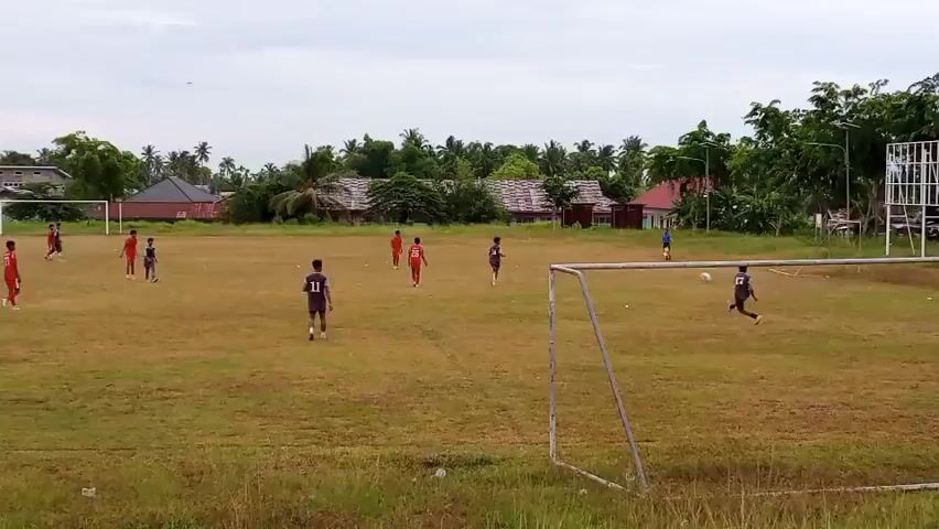 The video shows an outdoor soccer game on a dry, grassy field. There are two goals visible, one on the right side of the frame and one on the left. About twelve players are on the field, some wearing red shirts and others wearing dark shirts. The players are spread out across the field, with some near the goals and others in the middle of the field. The game appears to be in progress, with players running and kicking the ball. In the background, there are houses and trees, and a cloudy sky.