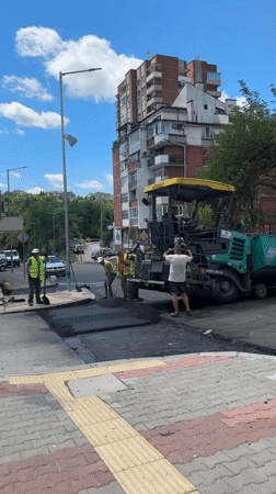 Street paving operation with heavy machinery in Veliko Tarnovo
