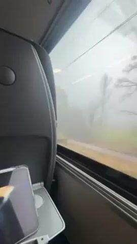 The video shows a view from inside a train, looking out the window. The weather outside is foggy, obscuring the trees and landscape. A smartphone in a clear case rests on a tray table next to the window. The train is in motion, and the scenery is passing by.