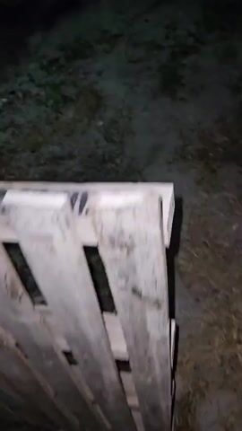 The video presents an outdoor scene captured in very low light conditions, likely at night or during deep twilight. The camera, seemingly handheld, moves slowly across unpaved ground, which appears to be a mix of dirt and sand. Sparse, dry vegetation, including blades of grass, fallen leaves, and twigs, is scattered across the surface.

No people are visible in the video. The main objects identified on the ground include a blue garden hose, coiled in a loose bundle, visible around the 0:01 mark. To the left, a wooden plank or beam runs partially out of frame. There are also several small, light-colored pieces of debris or stone fragments visible on the ground. At the beginning of the video (0:00), a portion of a white object with black text, possibly starting with "MV," is briefly seen in the bottom-left corner, but the text is largely unreadable due to its partial view and the low light.

The setting appears to be a basic, utilitarian outdoor area, possibly a yard or an undeveloped plot, consistent with the rural-urban mix found in places like Cam Đức, Vietnam. The atmosphere is quiet and somewhat indistinct due to the darkness.