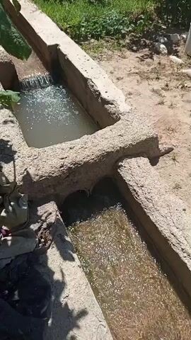 The video shows a close-up, high-angle view of an irrigation channel where water flows. The channel appears to be made of concrete or stone, with rough edges. Water enters from the upper left, cascading into a larger section of the channel. This section then appears to split or have an opening that allows water to flow into a lower section of the channel, which is wider and appears to be further down. The water is clear to slightly murky and turbulent, indicating movement. The surrounding environment is visible as dirt and some greenery, suggesting an outdoor, possibly agricultural setting. There are no people or animals clearly visible in the frame. The lighting suggests it is daytime, with some shadows present.