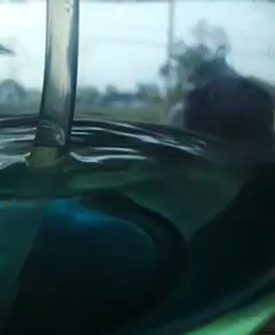 The video shows a close-up view through a transparent tube, possibly a camera lens, of a street scene. The perspective is distorted and slightly blurred, with a green object dominating the right side of the frame. On the left, a street with trees and utility poles is visible. A white vehicle, possibly a truck or van with a platform, is driving down the street. The lighting suggests it is daytime.
