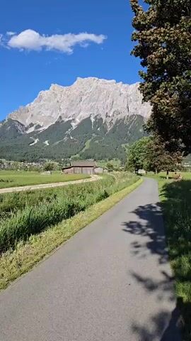 A paved path curves to the right into a meadow with tall green grass. In the distance, a wooden barn with a hay roof sits in the middle of a field. Behind the barn, a densely forested mountain rises, its peak covered in snow. The sky is bright blue with scattered white clouds. The camera pans slightly to the right, capturing a large tree on the right side of the path.