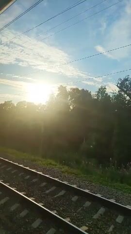 The video shows a view from a moving train traveling alongside railroad tracks. The sun is setting or rising, casting a warm glow over a landscape of trees and greenery. The sky is blue with scattered clouds. Overhead, power lines are visible, indicating the train is likely an electric one. There are no people visible in the video. The camera is angled slightly downwards towards the tracks, with the landscape filling the rest of the frame.