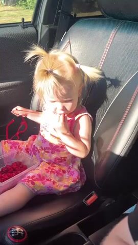 A young child with blonde hair in pigtails sits in the passenger seat of a car, wearing a pink dress with a floral pattern. The child is holding a pair of red glasses and eating raspberries from a clear plastic container. The car interior is visible, including the black leather seat and a gear shift knob. Sunlight streams into the car, casting shadows. Outside the car, a blurry background shows greenery and a white car.
