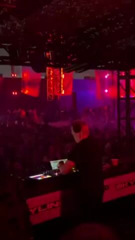 The video captures a DJ performing at a music event. The DJ, wearing a black shirt, stands behind a DJ console with "SKYLINE" prominently displayed on the front. He is focused on manipulating the equipment, presumably mixing music for the crowd. The venue is dark, illuminated by red and purple stage lighting and a haze of smoke. A large crowd of people is visible in front of the stage, many with their hands raised, enjoying the music. The ceiling is covered with a camouflage netting-like material. Several lighting rigs and red fabric banners hang above the crowd. Overall, the scene depicts a lively concert atmosphere.