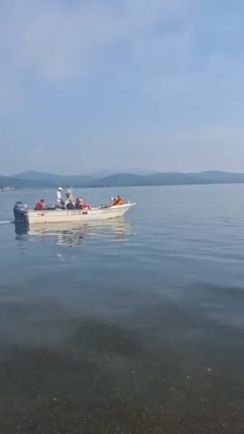 A wide shot shows a small white motorboat with an outboard motor on the rear left side. The boat is moving to the left, creating a wake. There are six people in the boat, some wearing life vests. The boat is on a calm body of water, likely a lake, with a distant shoreline of tree-covered mountains under a hazy blue sky. The foreground shows a shallow area of the water with a pebbly bottom.