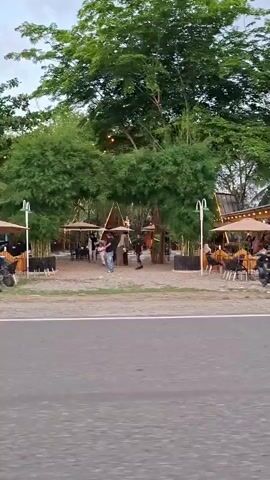 The video captures an outdoor scene alongside a paved road in Keudearon, Indonesia. The camera pans from right to left, revealing a park-like area characterized by lush green trees, including tall palm trees and dense foliage.

On the right side of the frame, a series of outdoor seating areas are visible, featuring large umbrellas or canopies providing shade. Several motorbikes, including scooters and motorcycles, are parked nearby. Small structures, possibly kiosks or gazebos with bamboo-like fencing or thatched elements, are interspersed throughout this area. A number of people, including adults and children, are gathered in these shaded spaces, appearing to be socializing or relaxing.

As the camera pans further left, two dark-colored SUVs are seen parked on the grassy area adjacent to the road. The background remains heavily wooded with green trees. The sky is overcast, suggesting either a cloudy day or a time of day with indirect sunlight, such as late afternoon or early evening. There is no visible text in the video.