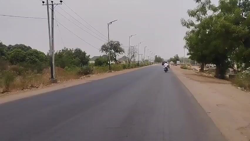 Here is a forensic description of the video:

**Setting:** The video is filmed on a paved two-lane road in an area with scattered trees, shrubs, and grasses along the roadside. Tall, modern streetlights line the road. The sky appears overcast, and the overall lighting suggests daytime.

**Subjects:**
*   **Motorcyclist 1:** A person is riding a motorcycle on the road, heading in the same direction as the camera. They are wearing a white, long-sleeved shirt and dark pants, and a black helmet. The motorcycle has a white container mounted on the back.
*   **Motorcyclist 2:** There is another motorcyclist further ahead on the road, traveling in the same direction. The motorcyclist is wearing a white shirt and black helmet.

**Objects:**
*   Motorcycles
*   Paved Road
*   Streetlights
*   Trees and Vegetation
*   Electrical Wires

**Actions:**
*   The main action is the forward movement of the camera, most likely mounted on a moving vehicle.
*   The motorcyclists are actively riding their motorcycles down the road.

**Interactions:** The motorcyclist in the foreground passes the camera, while another motorcycle is seen in the distance also moving in the same direction.

**Environment:** The environment appears rural or suburban, with vegetation lining the roadside and occasional buildings visible in the distance.